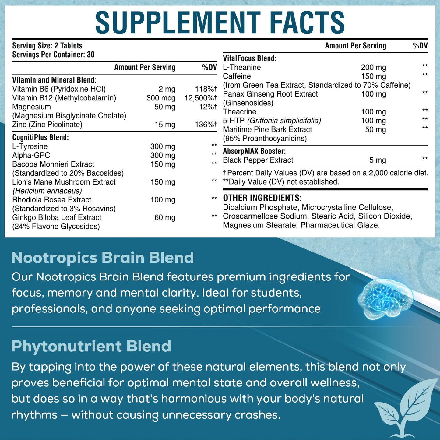 17-in-1 Brain Supplement for Memory and Focus | Natural Nootropics Brain Supplement for Brain Cognition, Energy | High Absorption | L-Theanine, Phytonutrient Blend and Vitamins B6, B12 | 60 Tablets - Maple Wellness Supplements