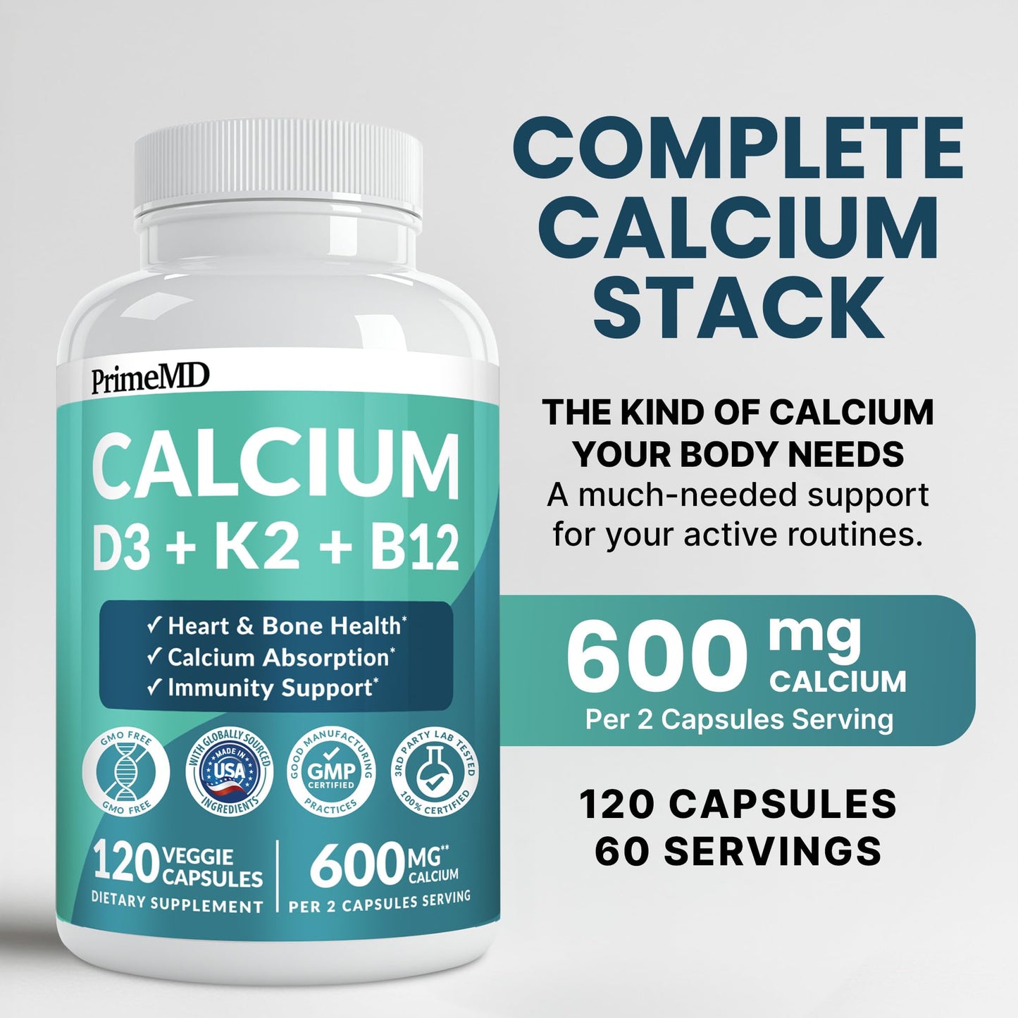 4-in-1 Calcium Supplements for Women & Men - Calcium Citrate with D3 K2 Vitamin 5000 IU - Calcium 600mg with Vitamin D3 K2 - Everyday Vitality Supplement - Maple Wellness Supplements