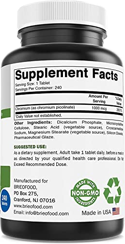 Brieofood Chromium Picolinate 1000 mcg Pills - 240 Tablets - 240 Servings - Non-GMO BrieofoodBuy Supplements Australia