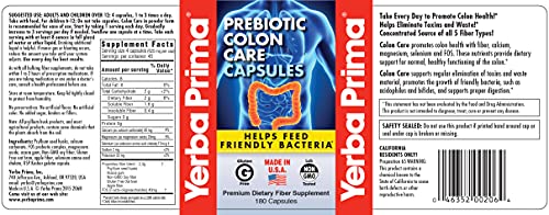 Yerba Prima Prebiotics Colon Care Fiber Caps, 180 Capsules - Five Forms of Fiber Plus FOS Yerba PrimaBuy Supplements Australia