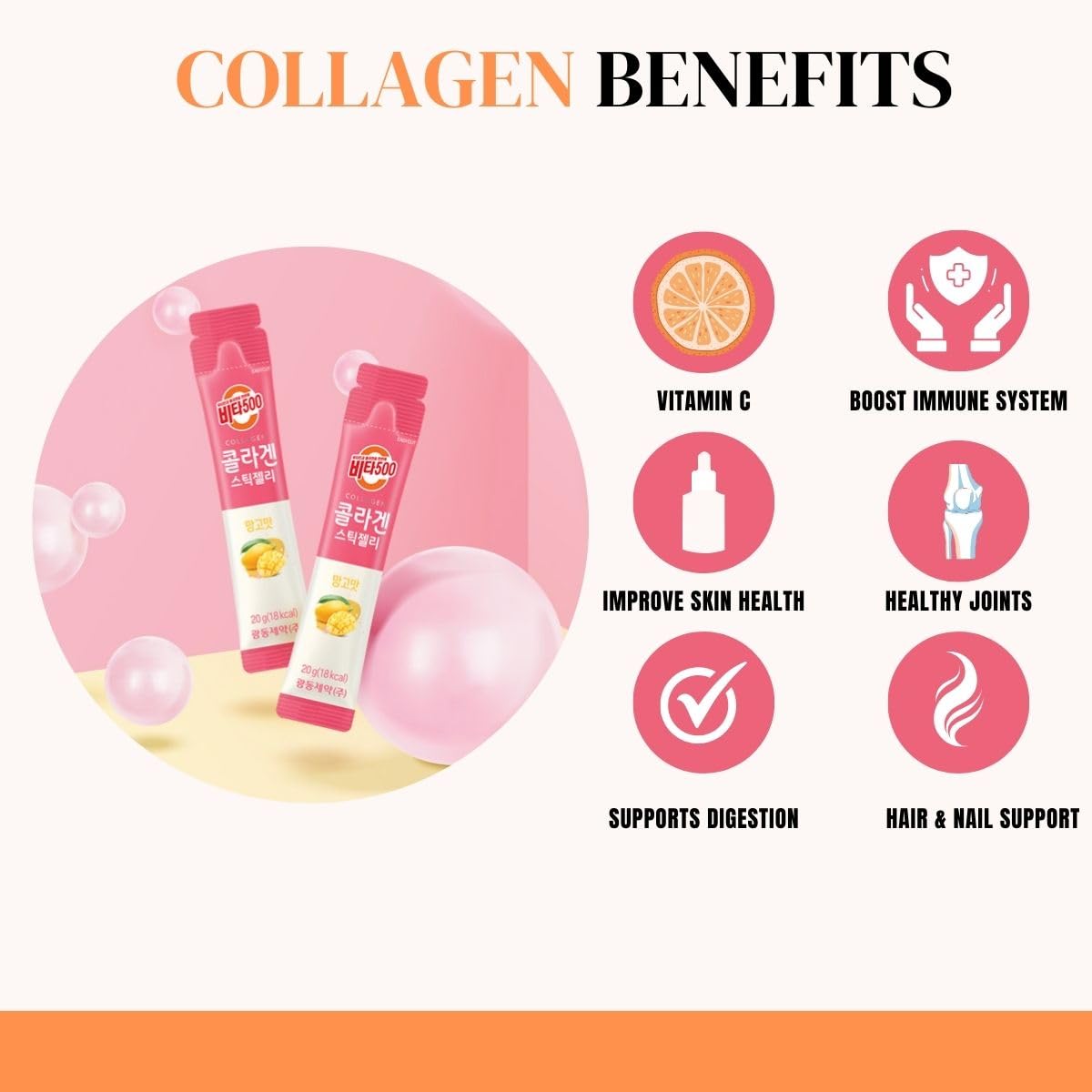 KWANGDONG Vita500 Mango Collagen Peptides Stick Jelly, with Vitamin C, to Support Skin KWANGDONGBuy Supplements Australia