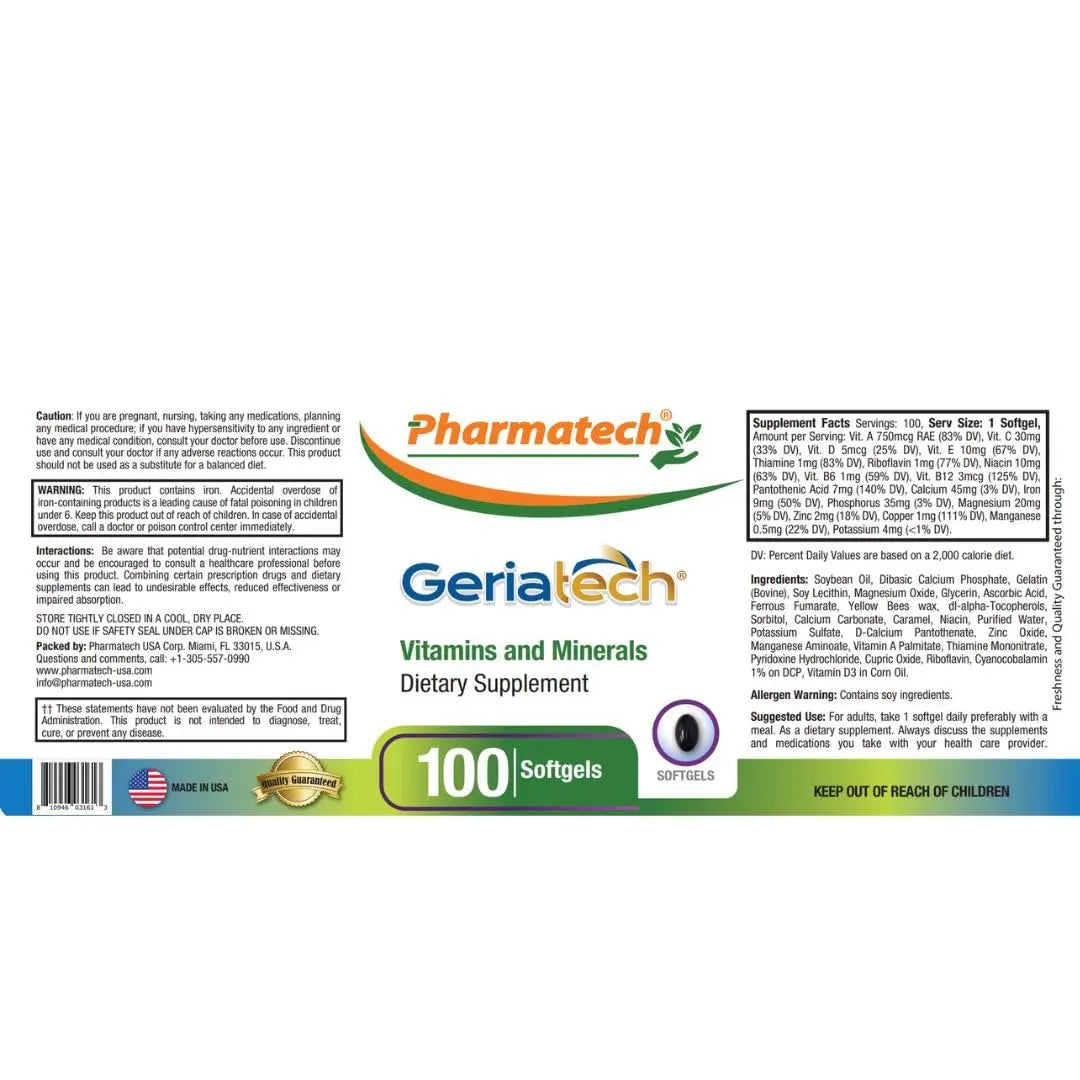Geriatech Senior multivitamins, Vitamins and Minerals Supplement, Women and Men Over 60, with Vitamin B12, Easy to Swallow Geriatech
