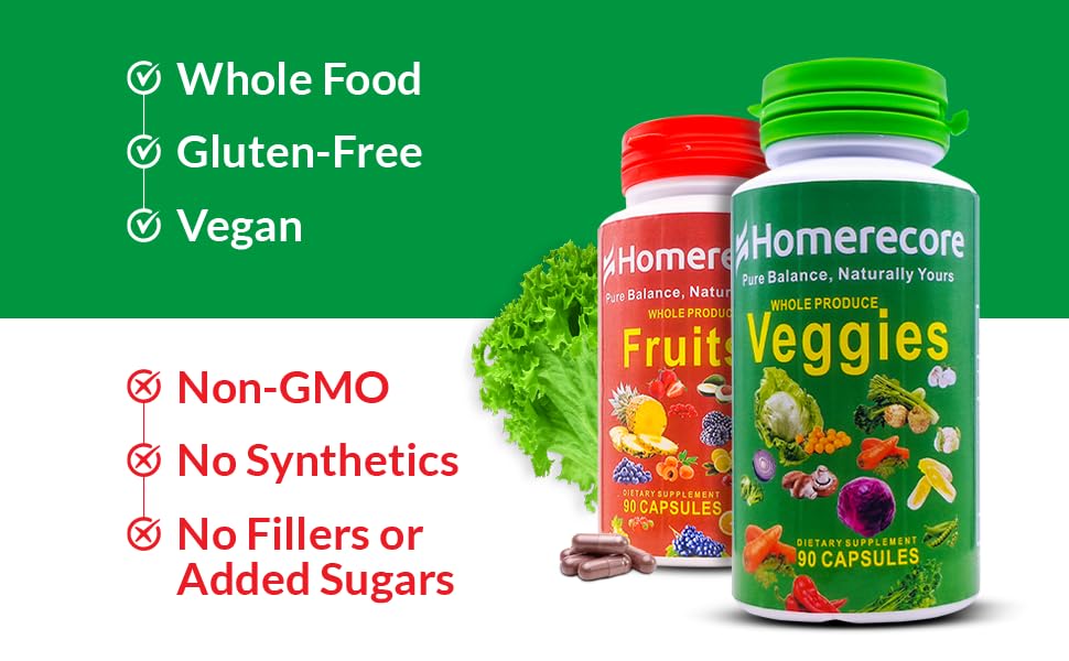 HOMERECORE Whole Food Fruits & Veggies Supplement Plant-Based, Vegan, Gluten-Free, Soy-Free No Fillers Natural Superfoods Boost Energy & Immune System for Men & Women 90 Fruit & 90 Veggie Capsules HOMERECOREBuy Supplements Australia