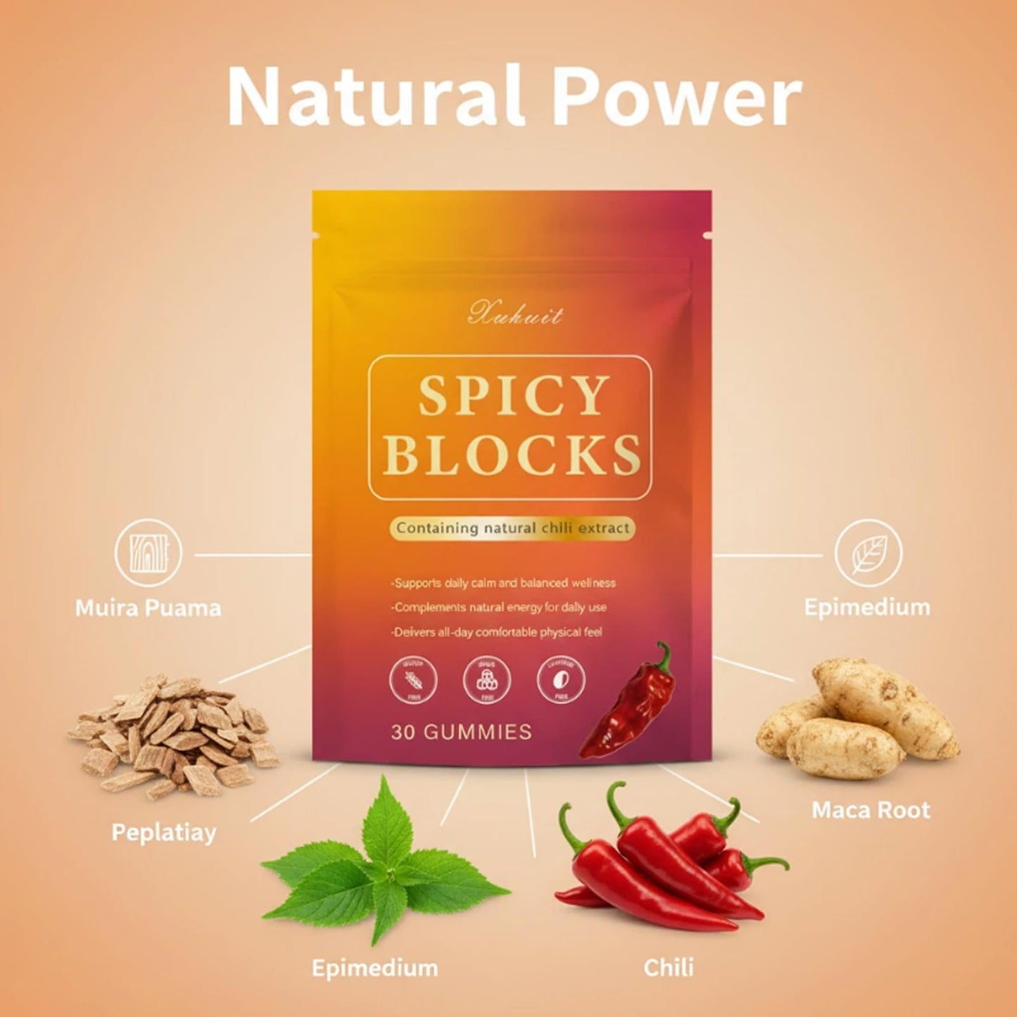 Spicy Blocks for Couples-with Chili Pepper , Maca Root & Epimedium Extract | Supports Emotional Warmth & Daily Comfort | Peach Flavor, Mild Spicy Kick, Vegan-Friendly, No Artificial Additives (1) PBZPBZBuy Supplements Australia