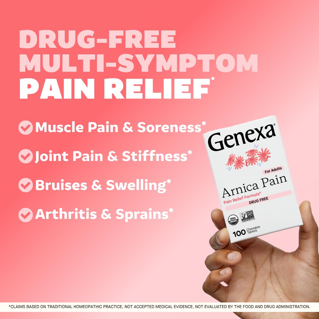 Genexa Arnica for Pain Relief | Alleviate Muscle & Joint Pain, Soreness & Stiffness | Reduces Bruises & Swelling | Organic Grape Flavor | Homeopathic Remedy Made Clean | 100 Chewable Tablets GenexaBuy Supplements Australia