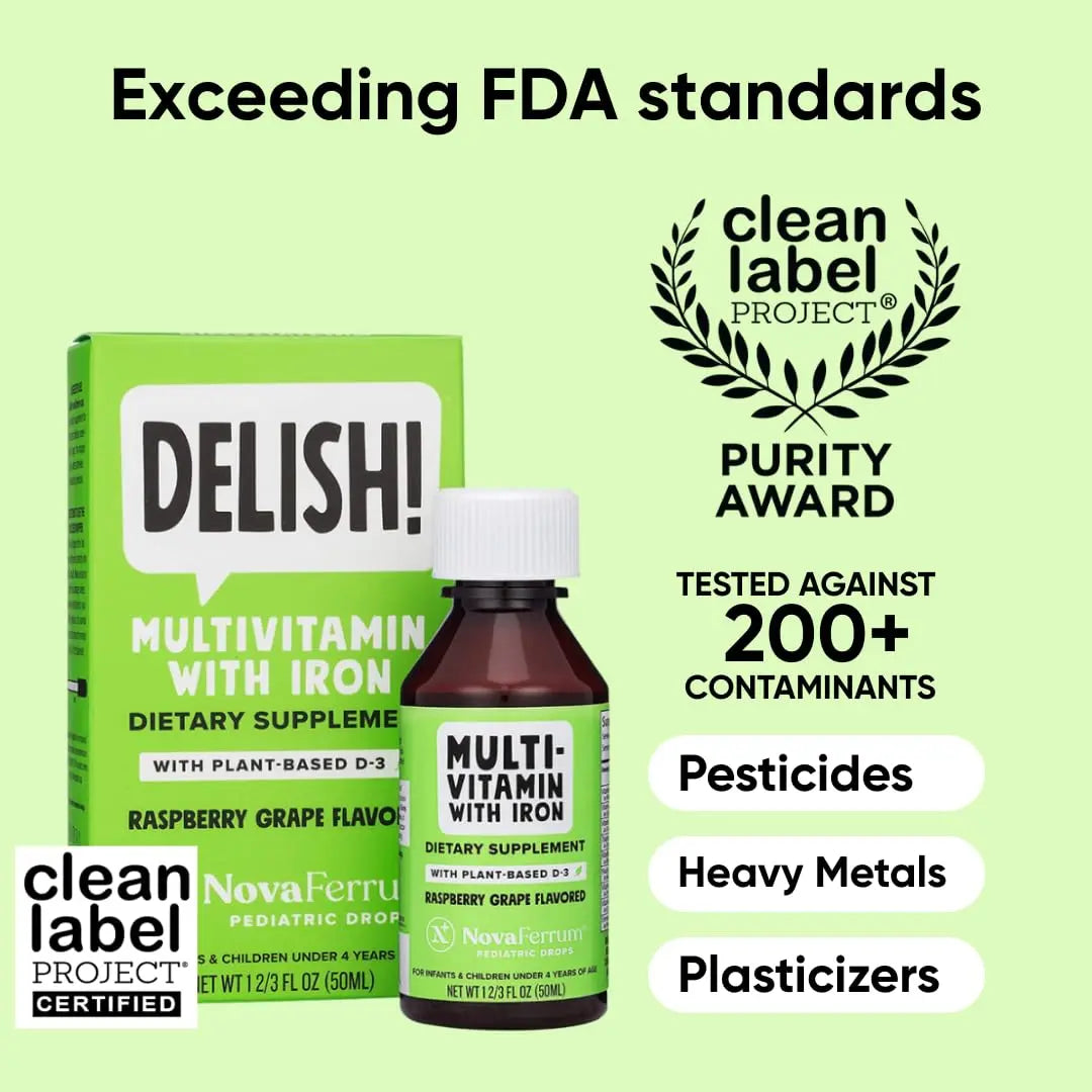NovaFerrum Delish | Vegan Multivitamin with Iron for Infants, Toddlers & Kids | Immune Support | Organic Plant-Based D-3 | NovaFerrumBuy Supplements Australia