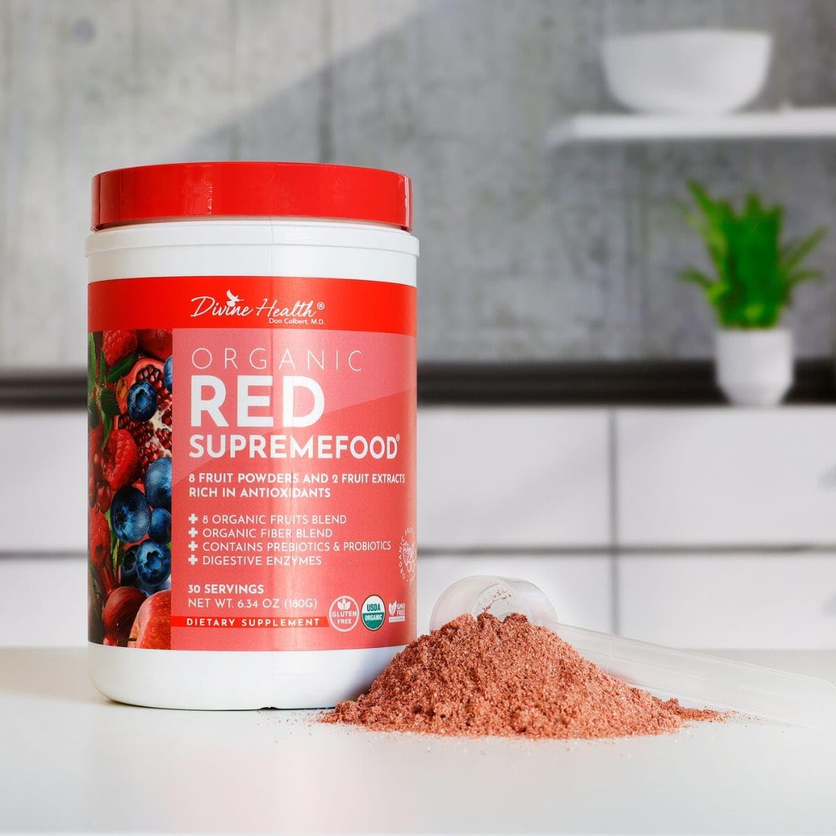 Dr. Colbert, MD Organic Red Supremefood | Berry Flavored Blend | by Divine Health | 10 Organic Fruits | Probiotics | Enzymes | Herbs | Fiber | Antioxidants | Non-GMO | 30 Day Supply | 180g Divine HealthBuy Supplements Australia
