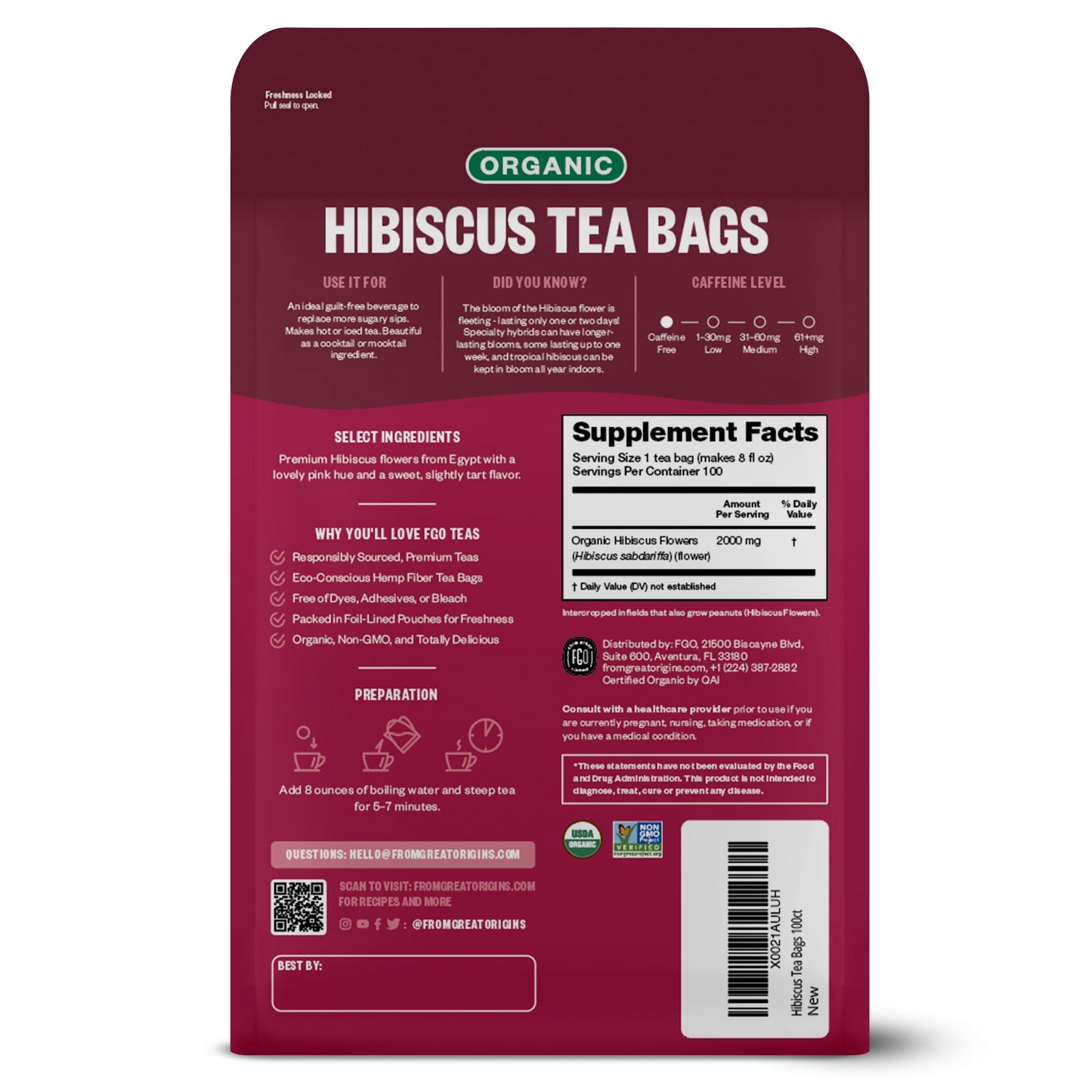FGO Organic Hibiscus Tea, Eco-Conscious Tea Bags, 100 Count, Packaging May Vary FGOBuy Supplements Australia