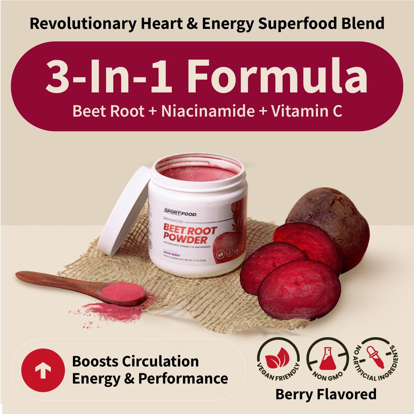 SPORTFOOD Beet Root Powder with Niacinamide & Vitamin C - Superfood for Circulation, Energy, & Stamina | Vegan, Non-GMO, Nitric Oxide Boost for Pre-Workout & Heart Health | Mixed Berry Flavor | 7.7oz Sport FoodBuy Supplements Australia