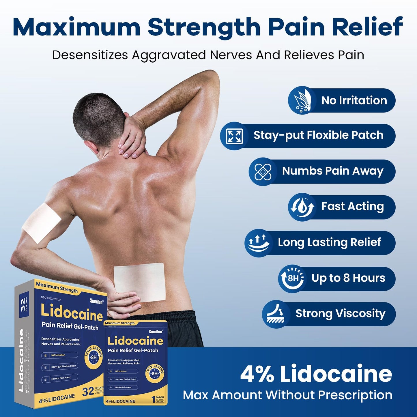 Sumifun 4% Lidocaine Patches Maximum Strength- Pain Relieving Gel Patch for Back, Shoulder, Muscle, Knee Pain Relief,Neck & Joint Pains-Numbs Away Pain, Apply for Up to 8 Hours (Large, Count, 32) SumifunBuy Supplements Australia