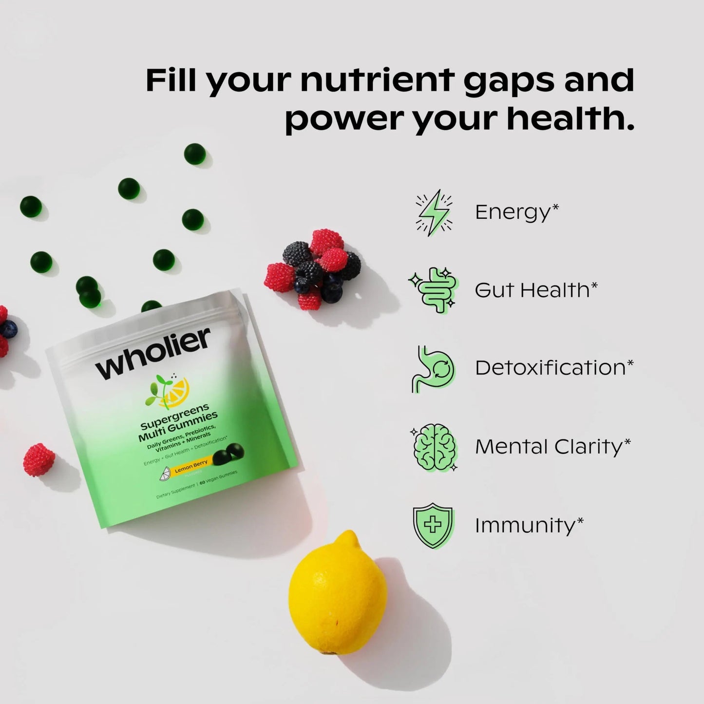 wholier Supergreens Multi Gummies, Daily Greens with Prebiotics, Fiber, Adaptogens, Plant-Based Multivitamin with 9 Essential Vitamins wholierBuy Supplements Australia