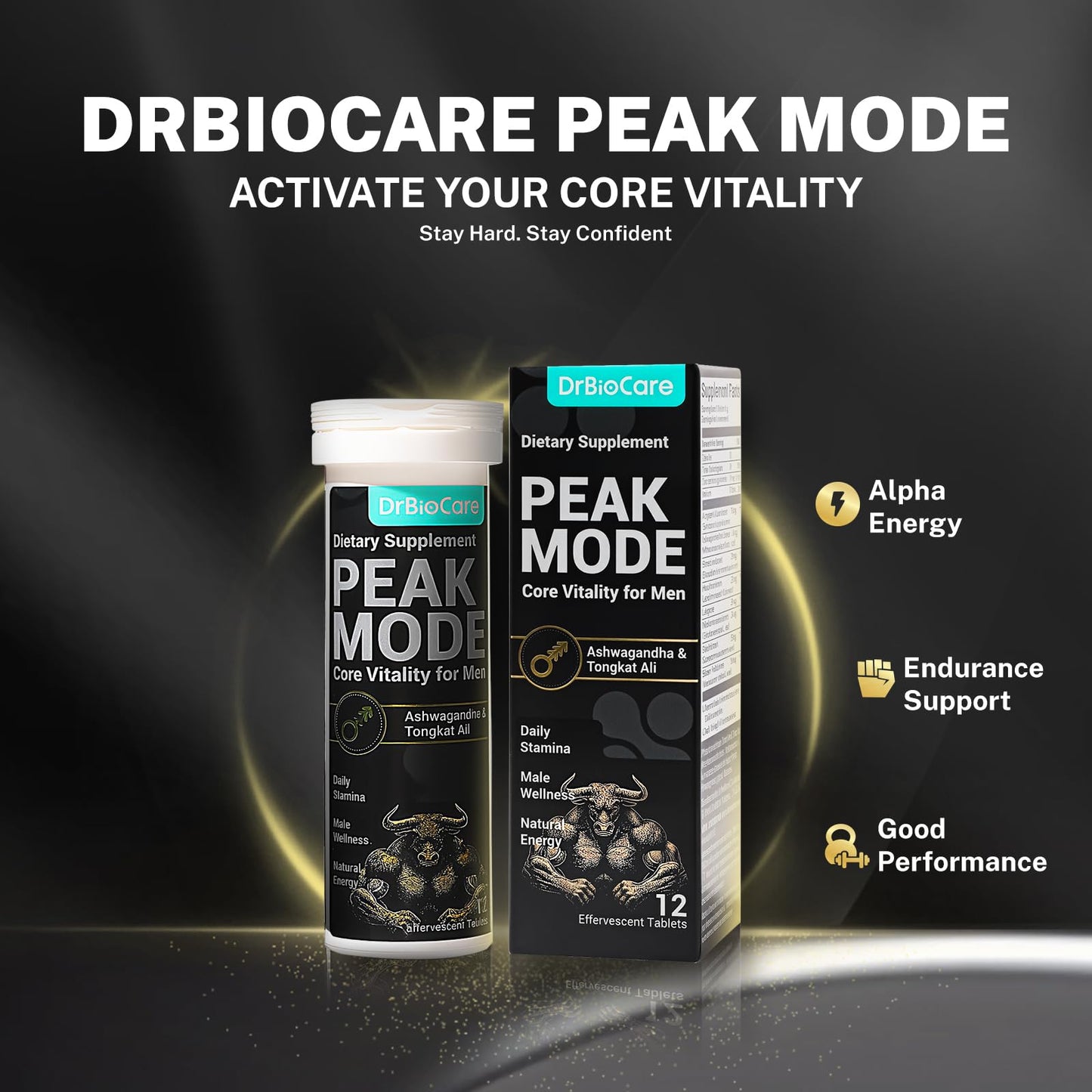 DrBioCare Peak Mode Core Vitality for Men 7-in-1 Effervescent Tablets | Tongkat Ali, Maca & L-Arginine,Ashwagandha, | Boost Stamina, Drive & Blood Flow for Good Performance | Berry Flavor 12 Tablets DrBioCareBuy Supplements Australia