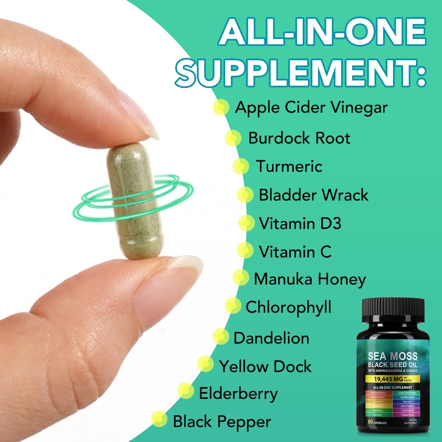 Sea Moss Black Seed Oil Ashwagandha Ginger Capsules, Seamoss Capsules Supplement with Bladderwrack Burdock & Vitamin C Vitamin D3 for Women & Men-Enhanced Immunity,60 Counts VceeoyBuy Supplements Australia
