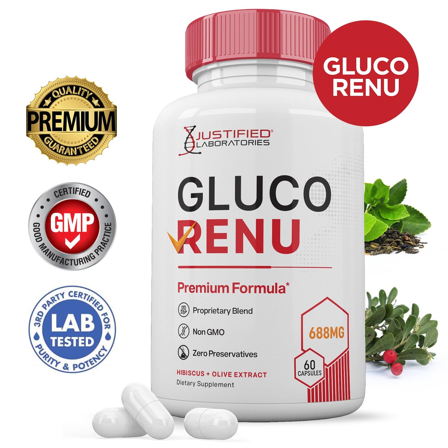 Gluco Renu 688MG Glyco Support Pills Premium Formula Gluo Renew Glycogen Support Formulated Hawthrone Hibiscus Garlic Junpier Powder Olive Forskolin Green Tea Extract 60 Capsules Justified LaboratoriesBuy Supplements Australia