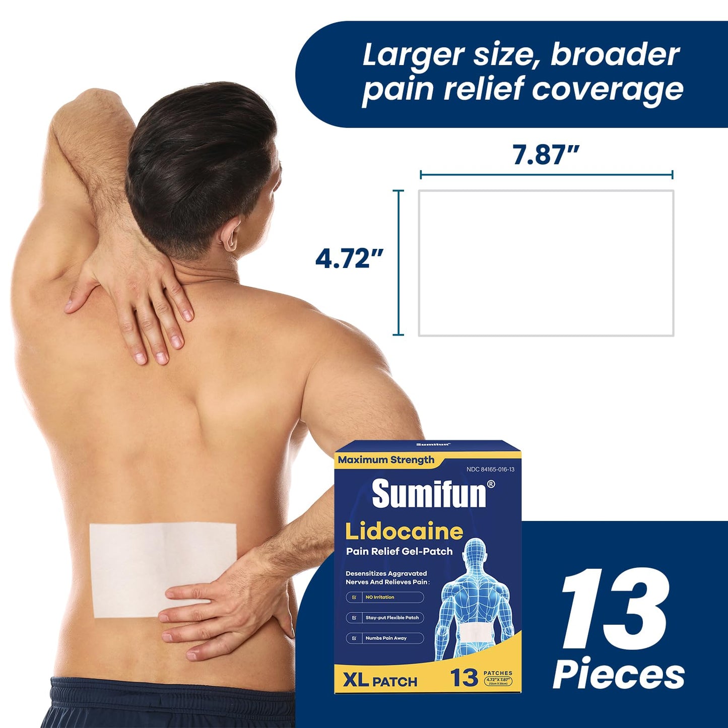 Sumifun XL Lidocaine Patches for Pain Relief, 4% Lidocaine Maximum Strength OTC, Extra Large 4.72"x7.87" for Full Back Pain Patches & Large Areas (Extra Large, Count, 13) SumifunBuy Supplements Australia