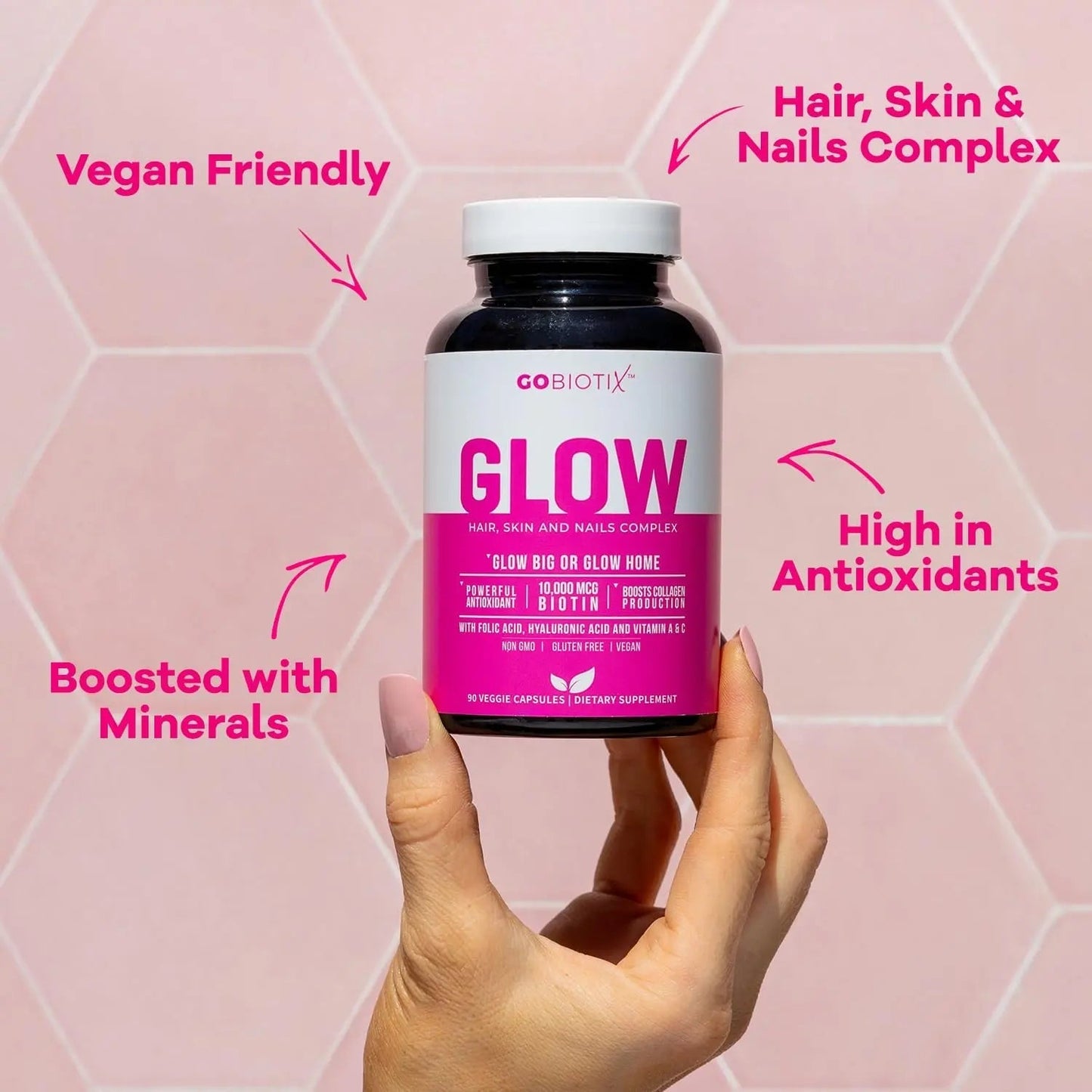 GOBIOTIX Hair Skin and Nails Vitamin Supplement - 10000mcg Biotin Pills with Hyaluronic Acid, Folate, Iron, Magnesium, and Zinc GOBIOTIX