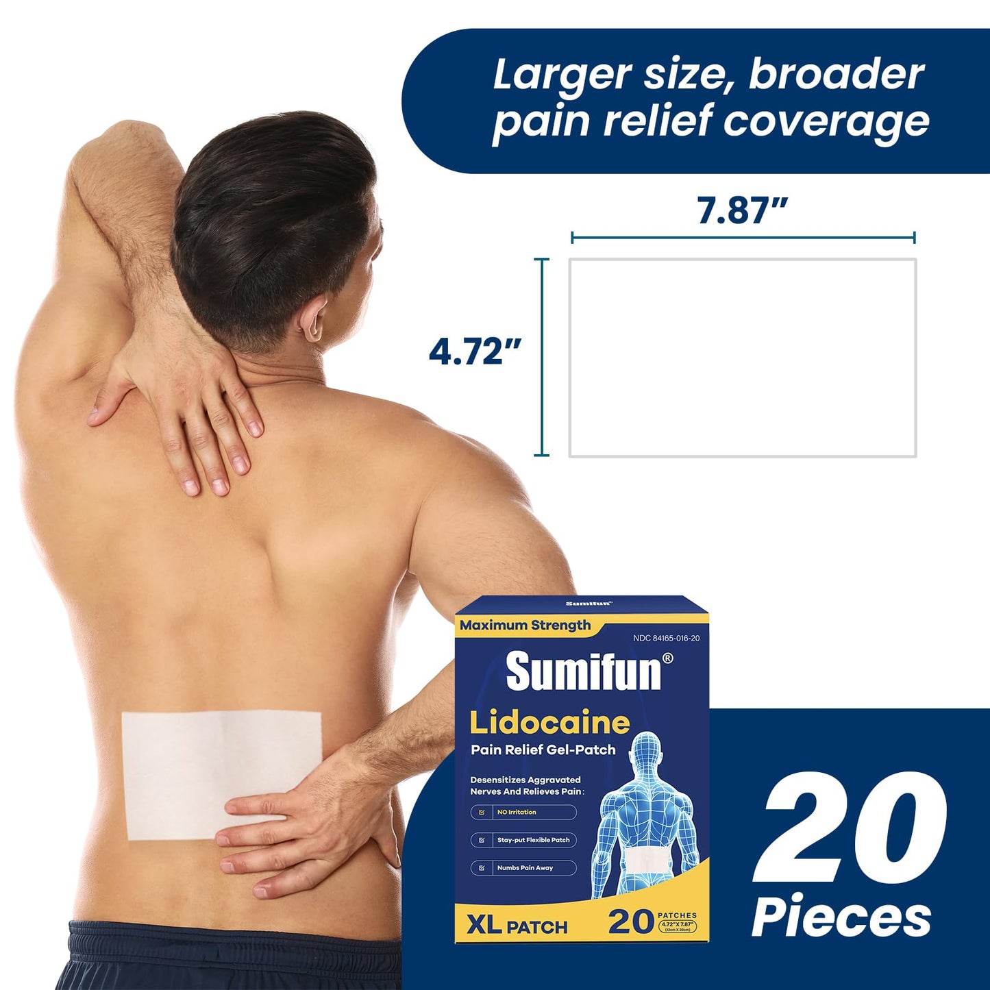 Sumifun XL Lidocaine Patches for Pain Relief, 4% Lidocaine Maximum Strength OTC, Extra Large 4.72"x7.87" for Full Back Pain Patches & Large Areas (Extra Large, Count, 20) SumifunBuy Supplements Australia