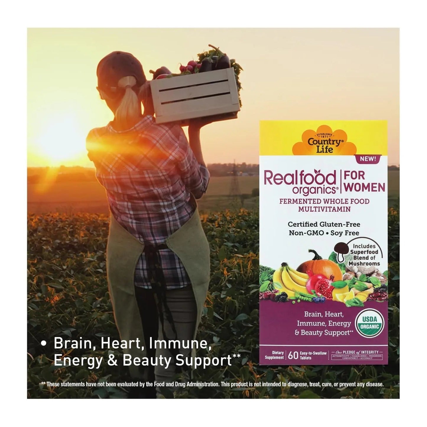 Country Life Realfood Organics Women’s Multivitamin – USDA Organic, Vegan, Gluten-Free – 1,300mg Fermented Whole Foods, Vitamins D, E, B, Folate & Biotin Country Life