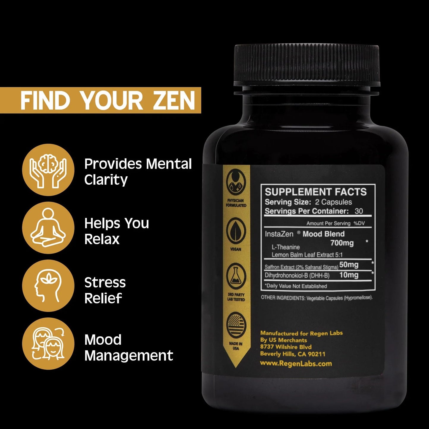 InstaZen Natural Stress Relief Supplement Mood Support | Doctor Formulated Herbal Calm Formula with DHHB, Safranal Extract, L-Theanine, Lemon Balm | Stress Support - 60 Capsules Regen Labs Regen LabsBuy Supplements Australia