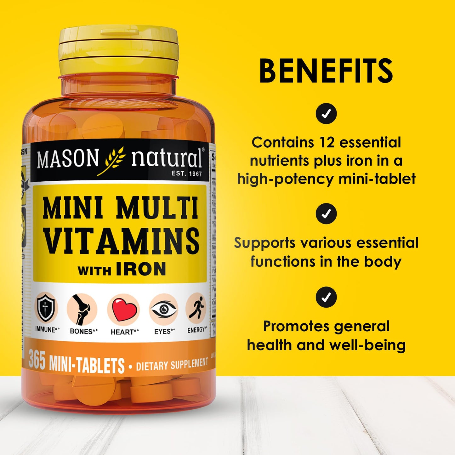 MASON NATURAL Mini Multi Vitamins with Iron, Vitamins A, C, D, E, B1, B2, B3, B6, B12, Folate and Calcium for Overall Health MASON NATURALBuy Supplements Australia