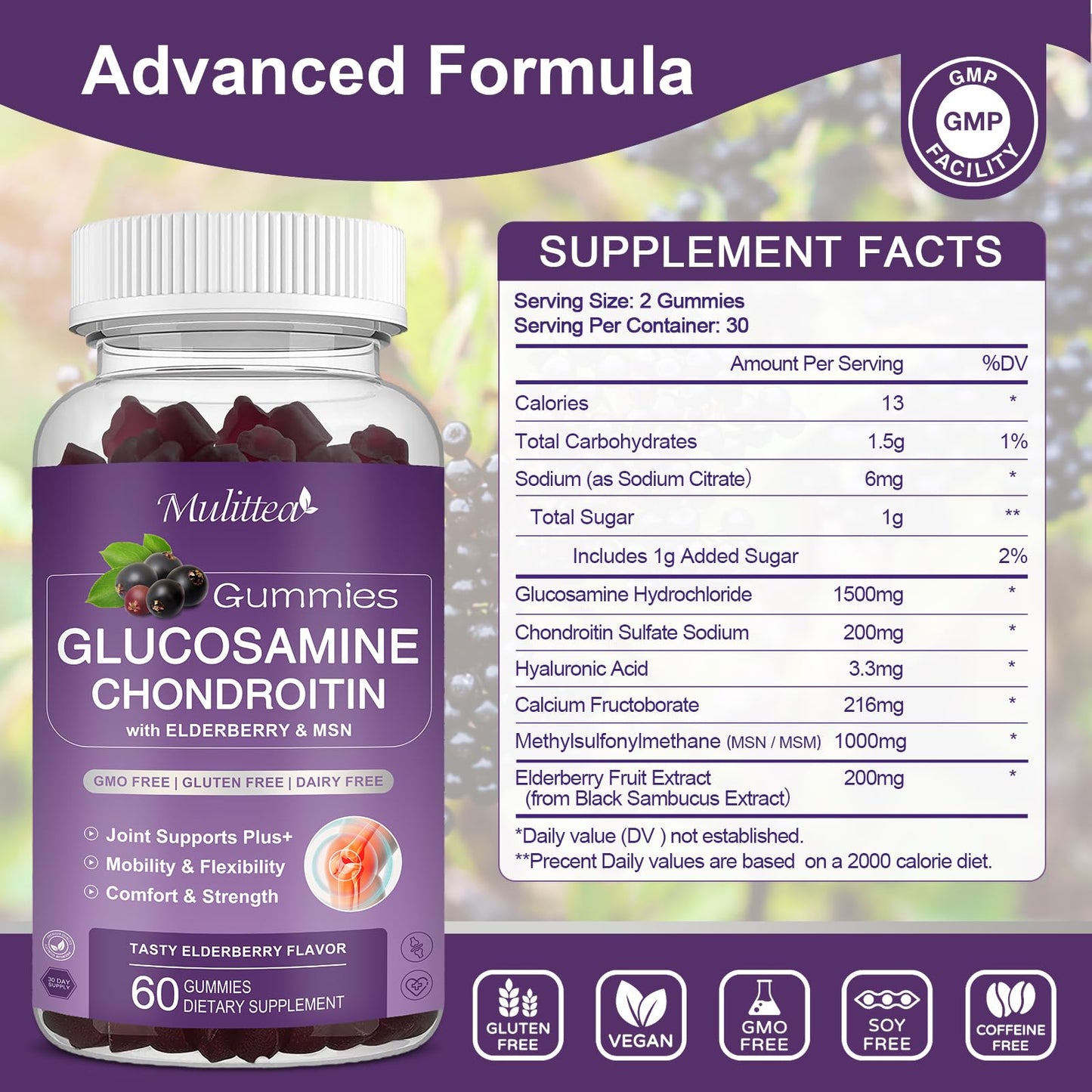 Mulittea Glucosamine Chondroitin Gummies - Extra Strength Joint Support Supplement with MSM & Elderberry for Natural Joint, Antioxidant Immune Support for Adults, Men & Women-(2 Pack) MulitteaBuy Supplements Australia