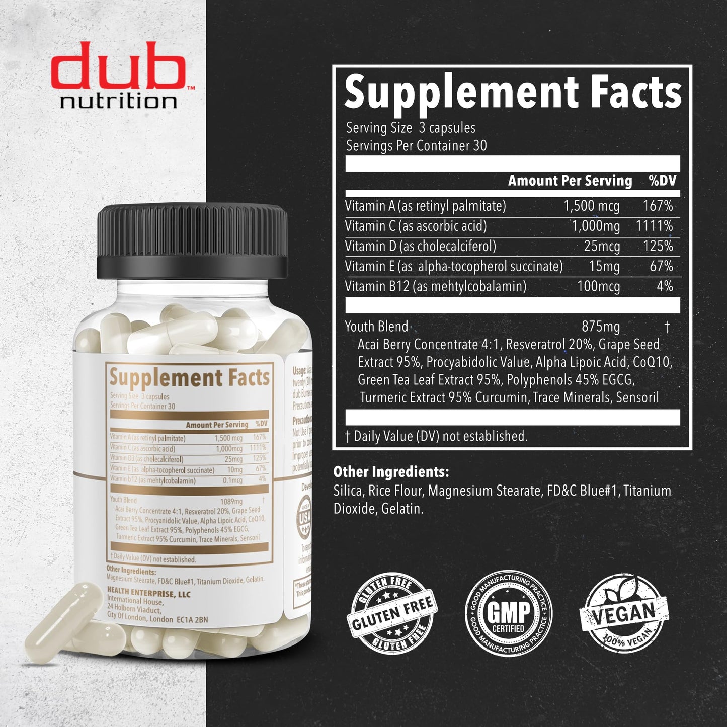Dub Nutrition Youth - Formula with Acai, Resveratrol, Curcumin, Vitamins A, C, D, E, B12, and CoQ10 - Supports Immunity and Mobility - 90 Capsules Dub NutritionBuy Supplements Australia