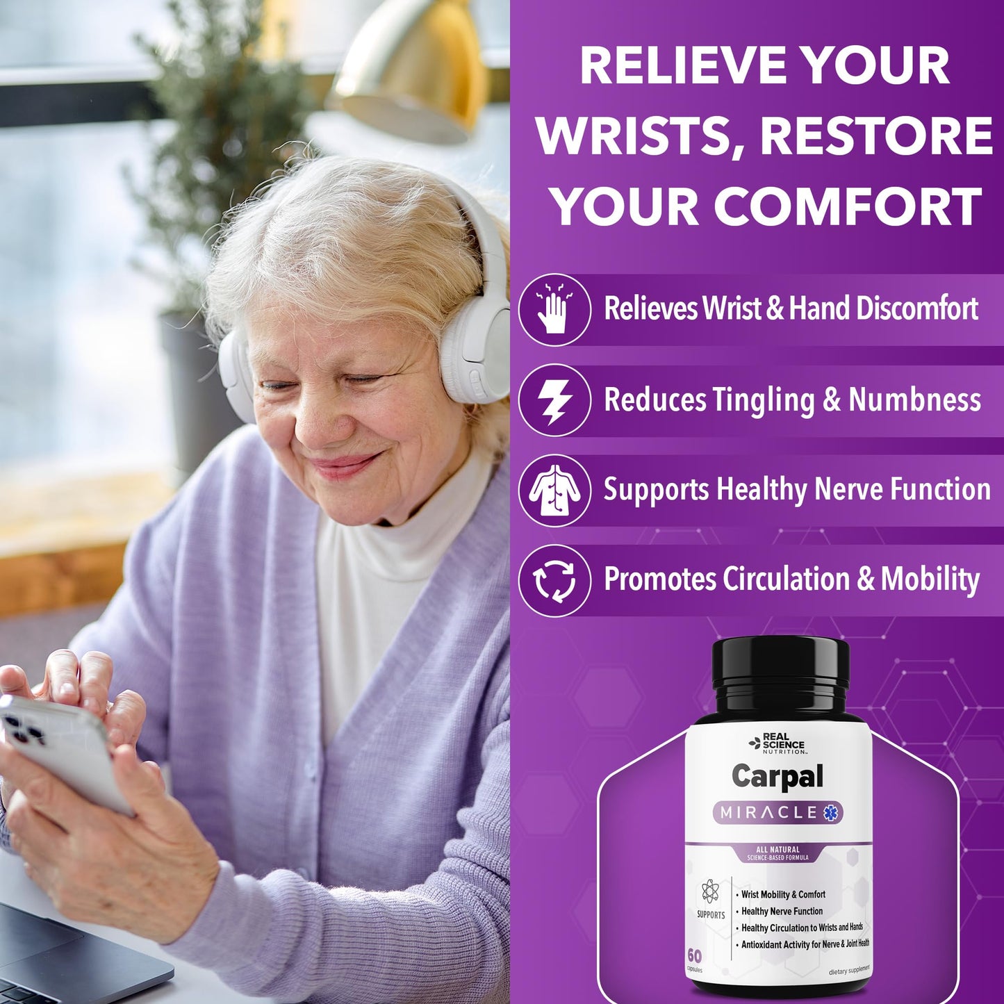 Real Science Carpal Miracle – All Natural Carpal Tunnel Relief & Wrist Support Supplement with Vitamins B6, B12, C, D, K + GABA – Hand & Nerve Comfort – Made in USA, 60 Caps Real Science NutritionBuy Supplements Australia
