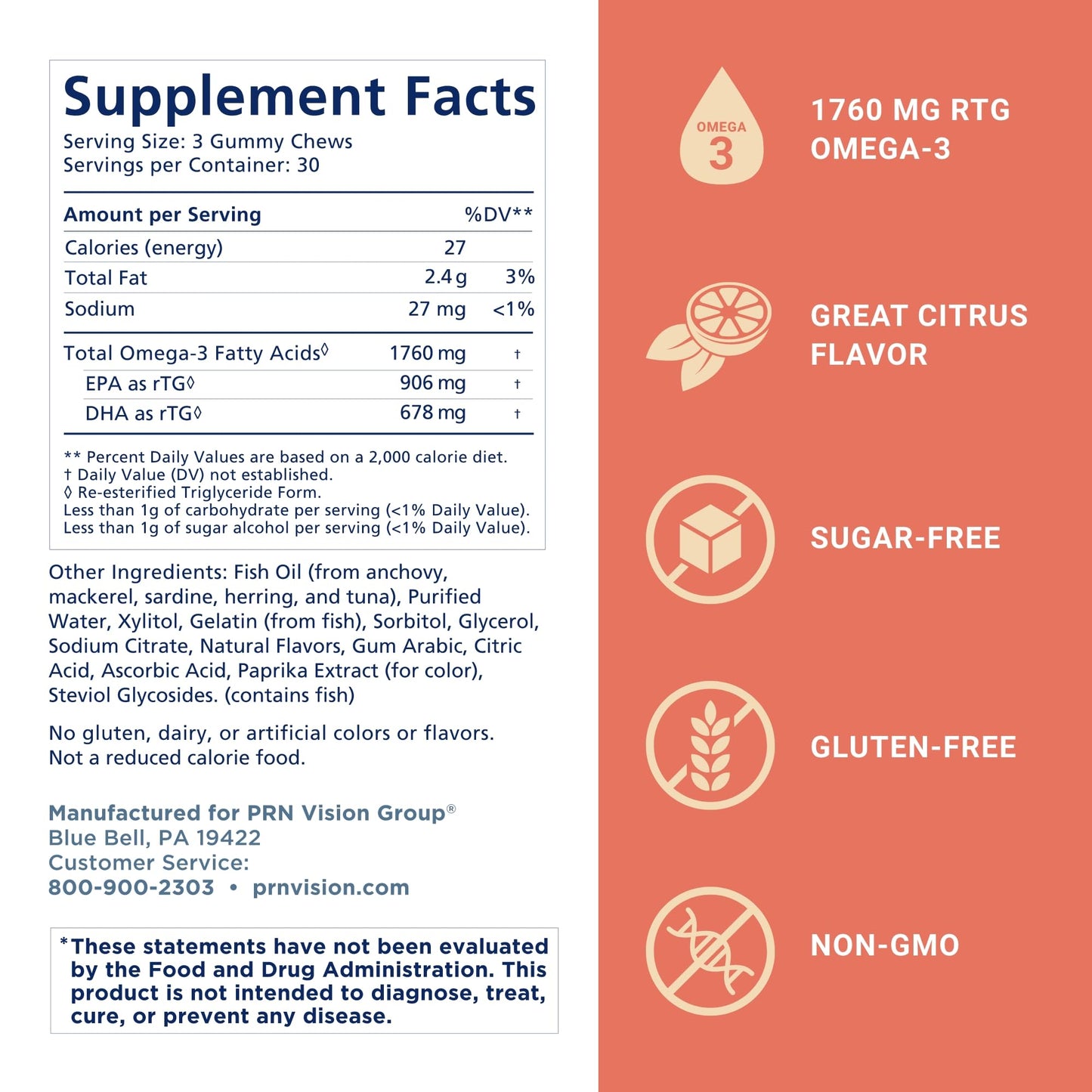 Omega 3 Gummy Chewables - 90 Gel Chews, 30-Day Supply, Citrus Flavor - 1760mg Ultra-Pure rTG Omega 3 for Eye, Heart, Brain, Joint & Immune Health PRN Physician Recommended NutriceuticalsBuy Supplements Australia