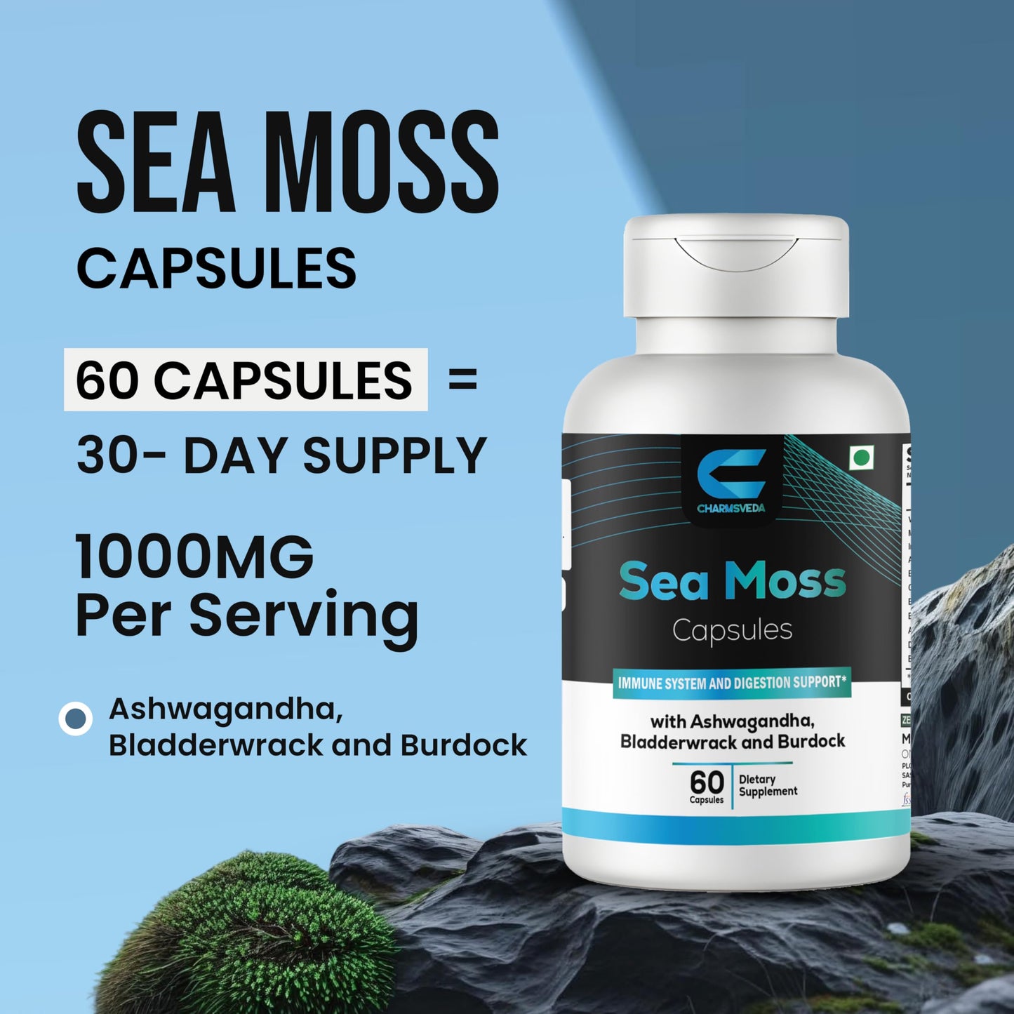CHARMSVEDA Sea Moss Capsules with Ashwagandha, Bladderwrack & Burdock – Overall Wellness & Immune Support, Support Digestive & Gut Health* – 60 Vegan Capsules CHARMSVEDABuy Supplements Australia