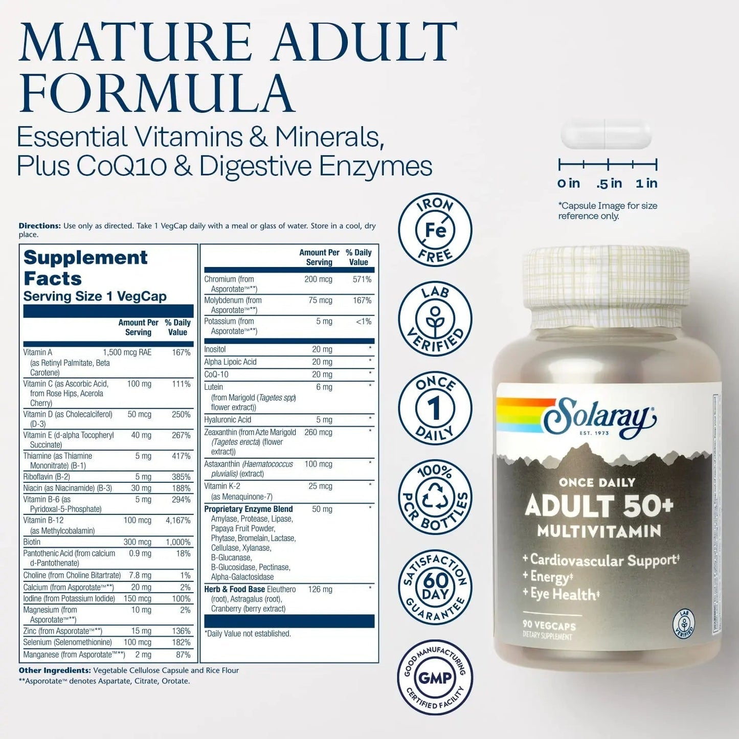 Solaray Once Daily Adult 50+ Complete Multivitamin for Women & Men, Essential Vitamins & Chelated Minerals for Healthy Energy, Heart, Brain & Immune Support SOLARAYBuy Supplements Australia