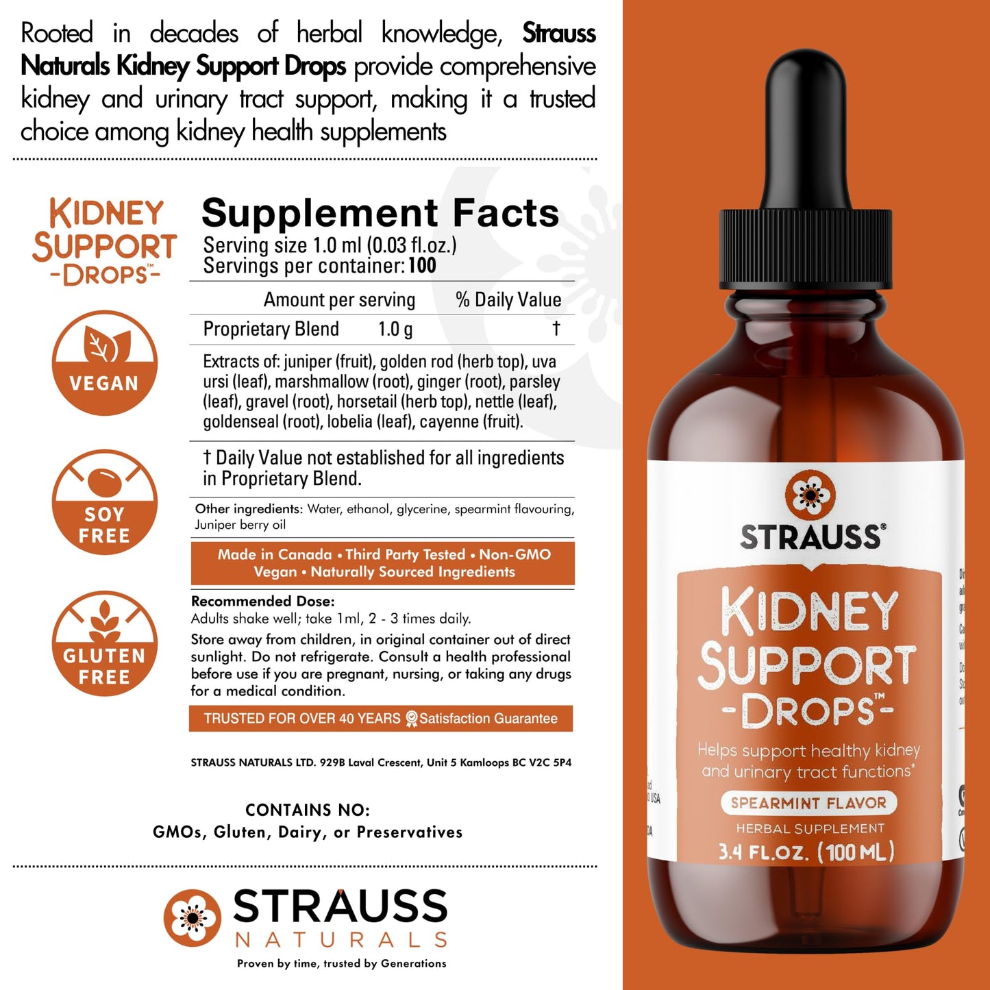 Strauss Naturals Kidney Support Drops – Herbal Kidney Support Supplement for Men and Women – Helps with Kidney Health and Urinary Tract Function – Vegan & Non-GMO – Spearmint Flavored – 100 ml Bottle Strauss HeartdropsBuy Supplements Australia