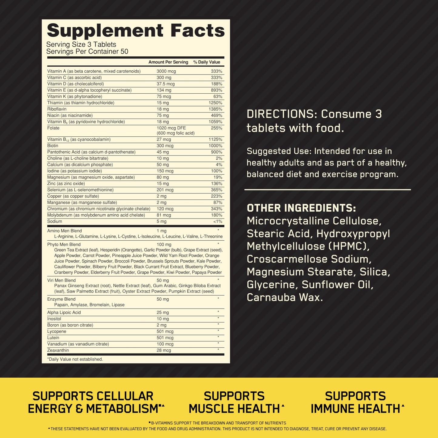 Optimum Nutrition Opti-Men, Vitamin C, Zinc and Vitamin D, E, B12 for Immune Support Mens Daily Multivitamin Supplement