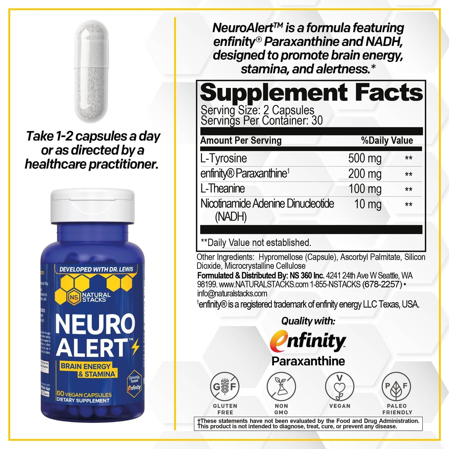NATURAL STACKS NeuroAlert - 200mg Paraxanthine Energy Supplement - Caffeine Free Focus w/ 500mg L-Tyrosine & 100mg L-Theanine - 10mg NADH for Cellular Energy Support - 60 Paraxanthine Capsules NATURAL STACKSBuy Supplements Australia