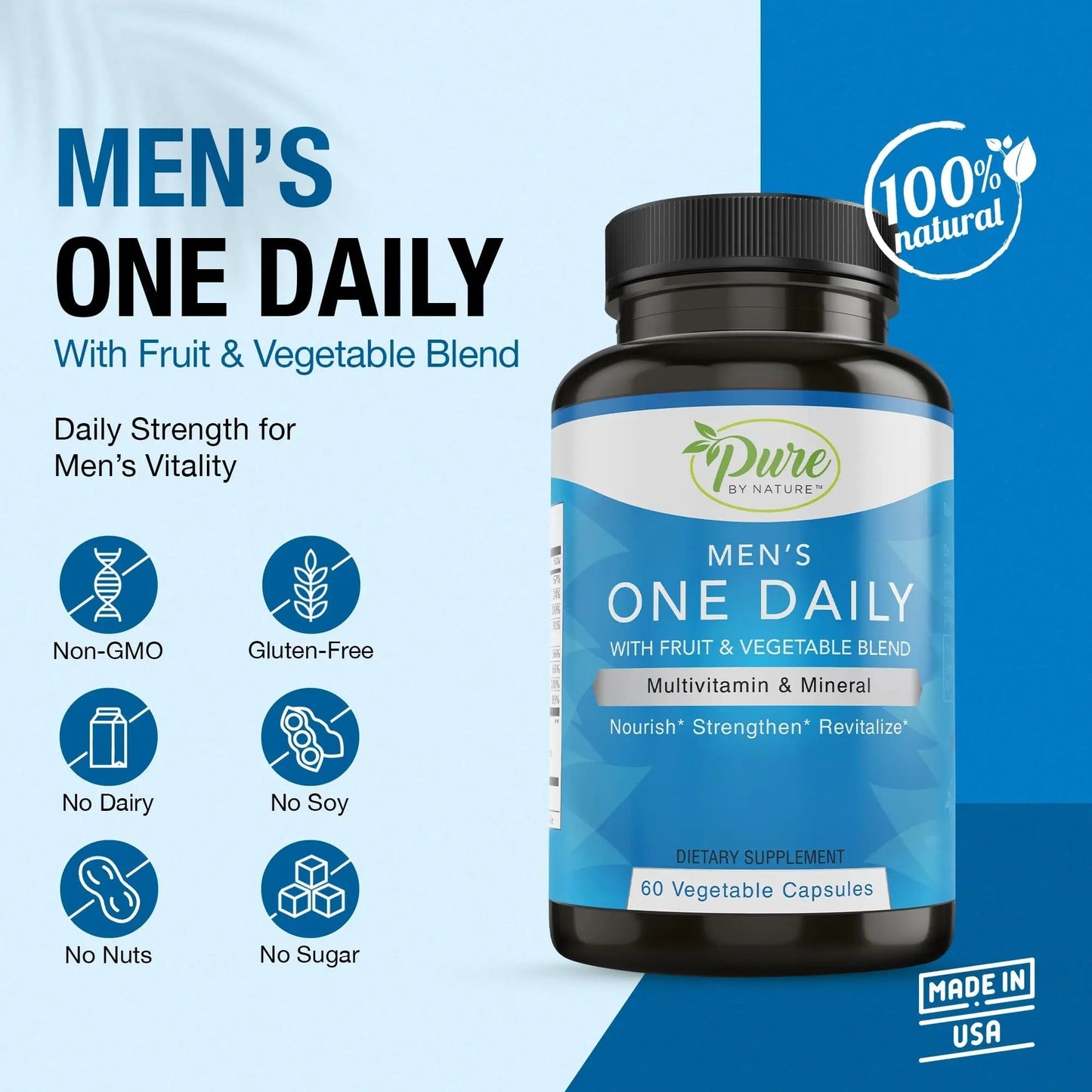 Pure By Nature One-Daily Multivitamin for Men, Immune Support Supplement with Non-GMO Ingredient, Vitamin & Minerals for Energy, 60 Veggie Capsules Pure By NatureBuy Supplements Australia