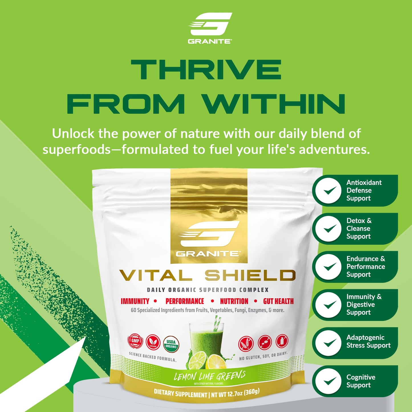 Granite Nutrition Vital Shield - USDA Organic Superfood Greens with Mushrooms & Tart Cherry – Supports Energy, Immune Function & Digestive Health – Lemon Lime Flavor (30 Servings) Granite SupplementsBuy Supplements Australia