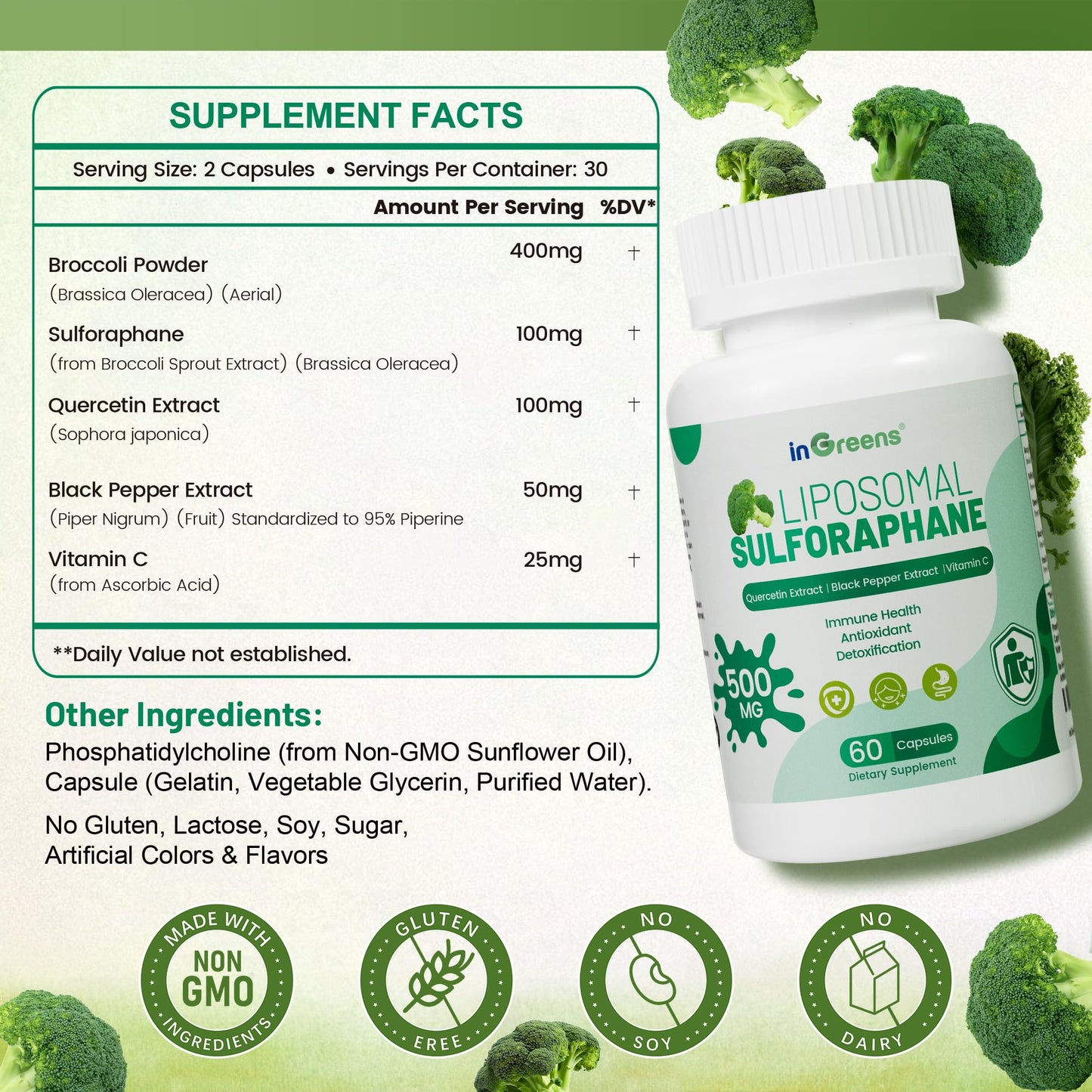 Liposomal Sulforaphane 500mg Supplement from Broccoli Extract with Quercetin, Black Pepper & Vitamin C – Antioxidant, Detox & Cellular Support, Cellular Health Formula for Men & Women, 60 Capsules inGreensBuy Supplements Australia