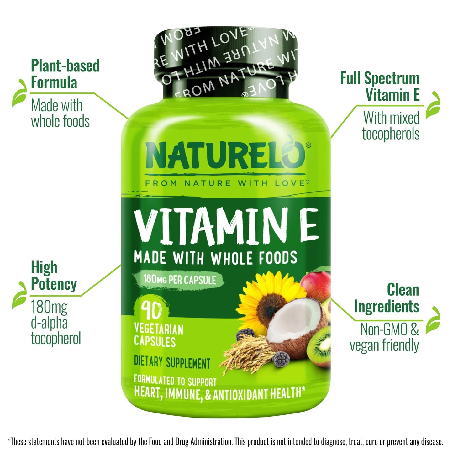 NATURELO Vitamin E Capsules 180 mg - 90 Vegan Capsules | Supports Skin, Hair, and Nails | Immune and Eye Health | NATURELOBuy Supplements Australia