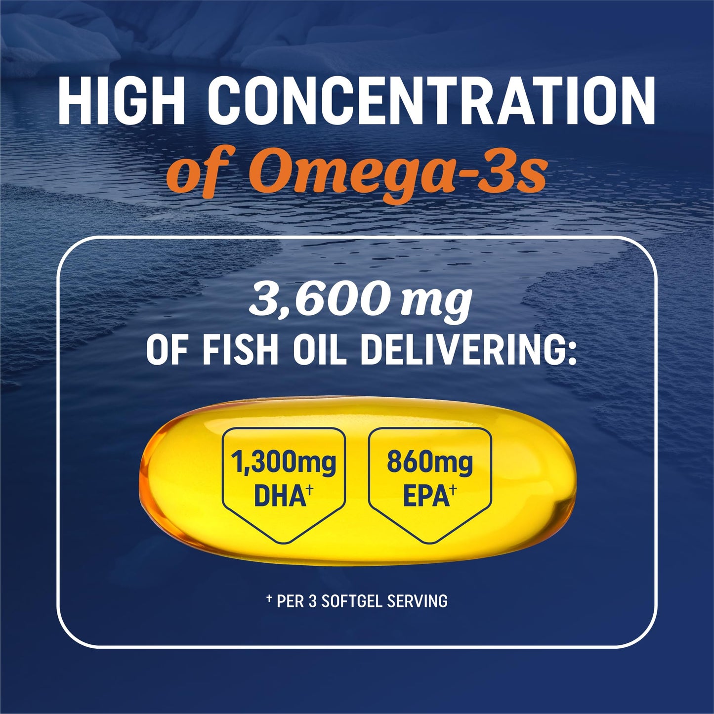 Triple Strength DHA Omega 3 Fish Oil 3600 mg | Over 2100mg Omega-3 Fatty Acids with 860mg of DHA | 1300mg EPA | Best Essential Fatty Acids