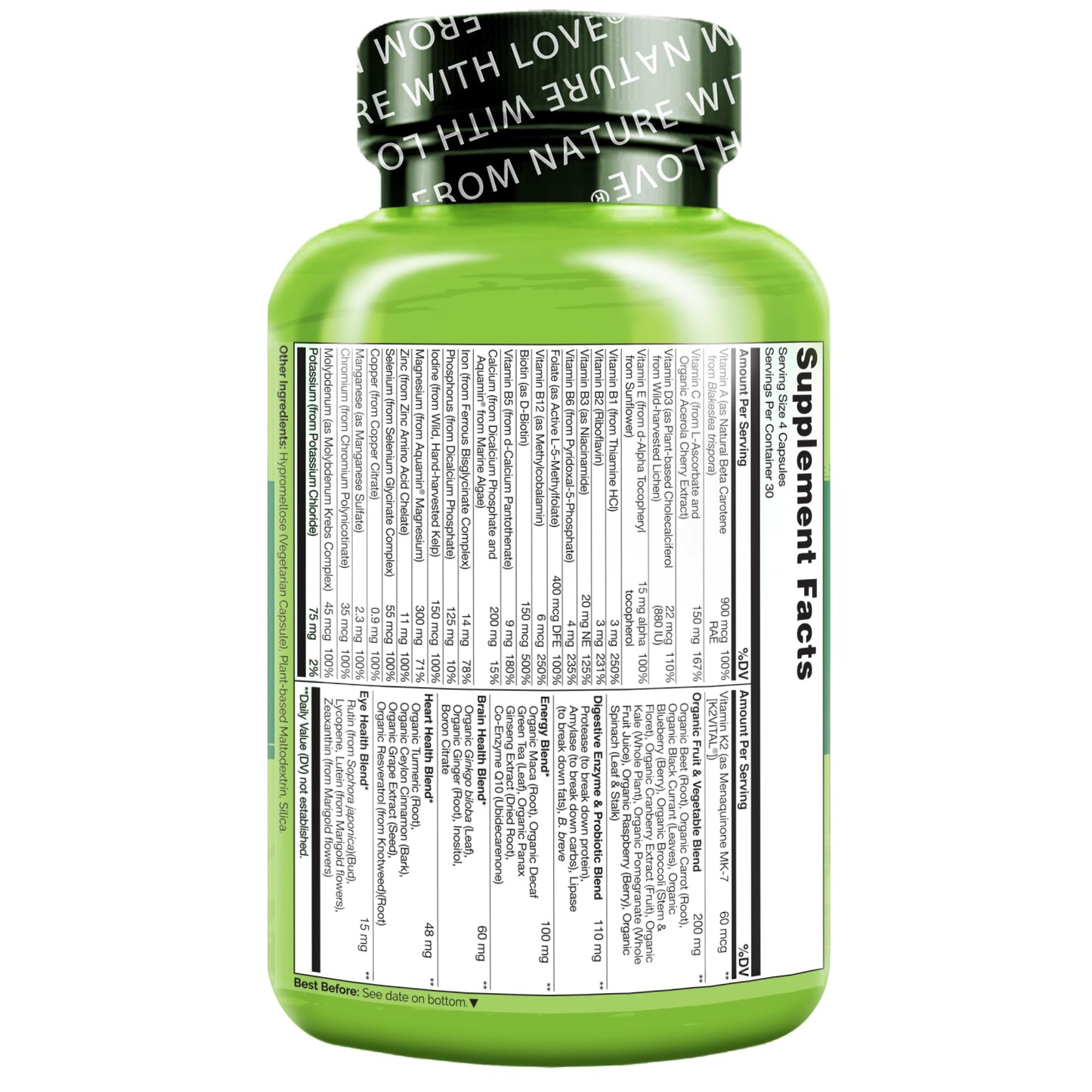 NATURELO Whole Food Multivitamin for Women - with Vitamins, Minerals, & Organic Extracts - Supplement for Energy and Heart Health