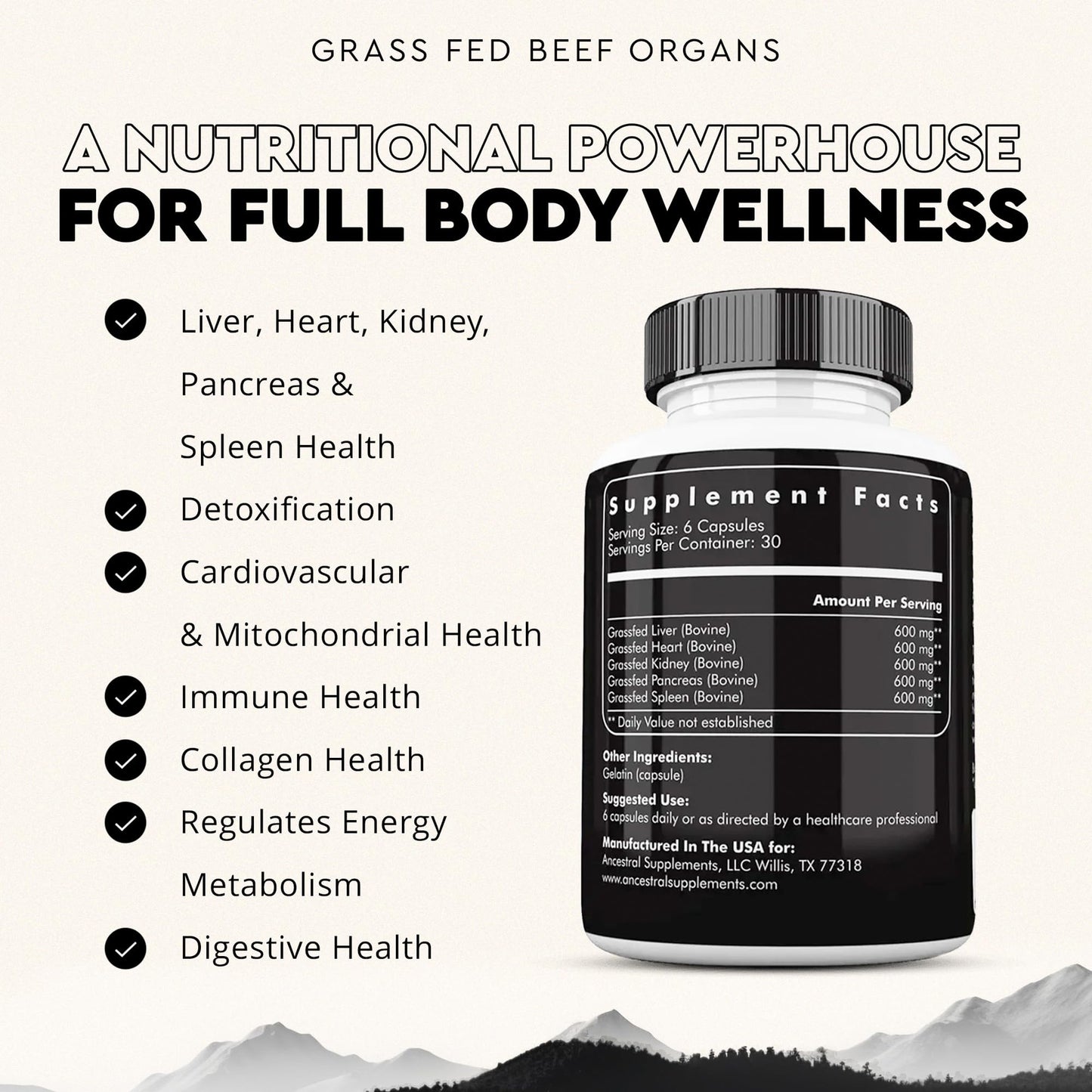 Ancestral Supplements Grass Fed Beef Organ Supplement, Supports Whole Body Wellness with Proprietary Blend of Liver, Heart, Kidney, Pancreas, Spleen, Freeze-Dried Beef, Non-GMO, 180 Capsules Ancestral SupplementsBuy Supplements Australia
