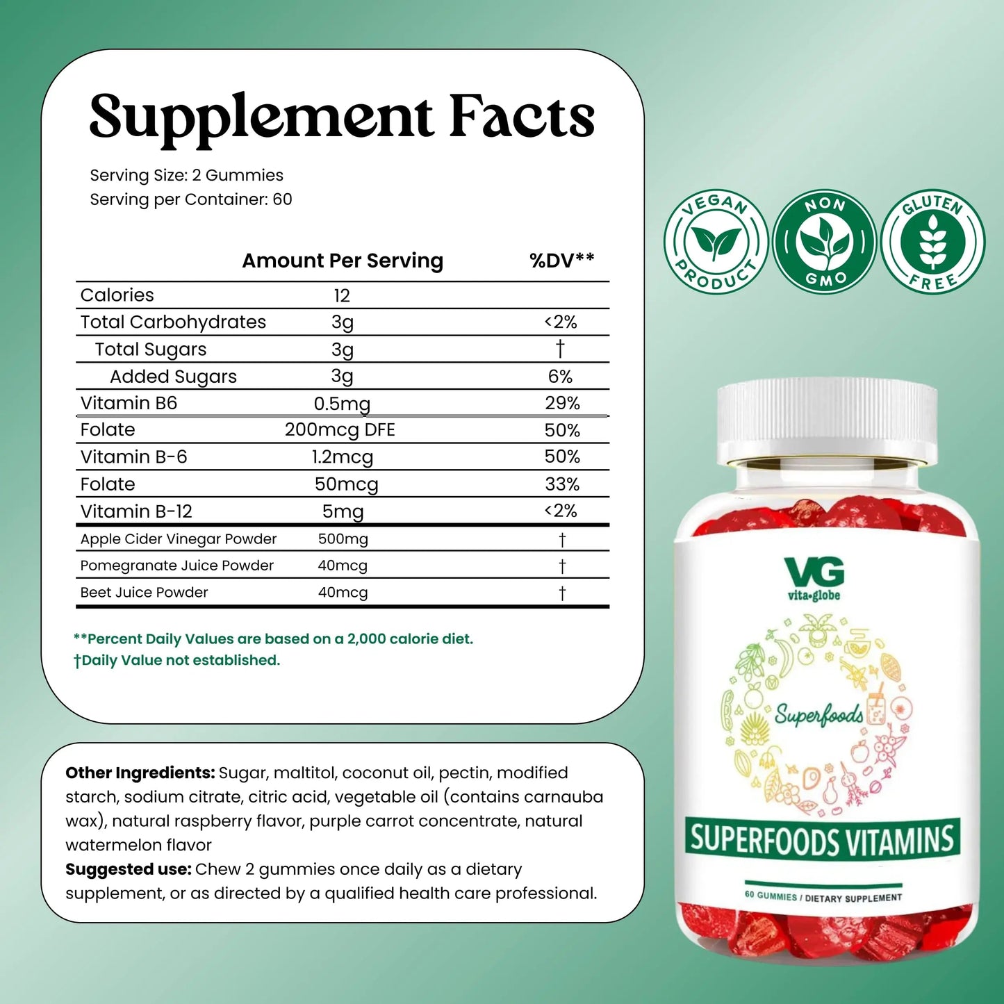 VITA GLOBE Superfood Gummy Vitamins – Immune Health & Antioxidant Support – Daily Wellness Gummies for Adults & Kids – Vegan VITA GLOBE