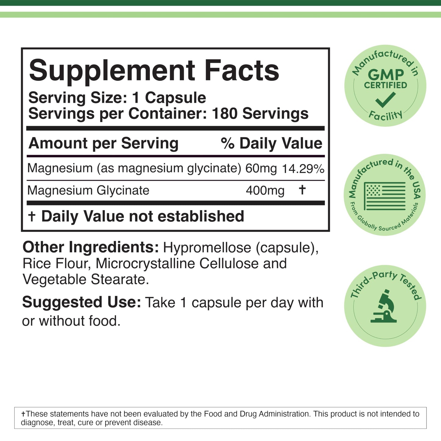 Magnesium Glycinate 400mg | 180 Capsules | Sleep, Muscle, & Heart Support | Vegan, Third Party Tested, Gluten Free