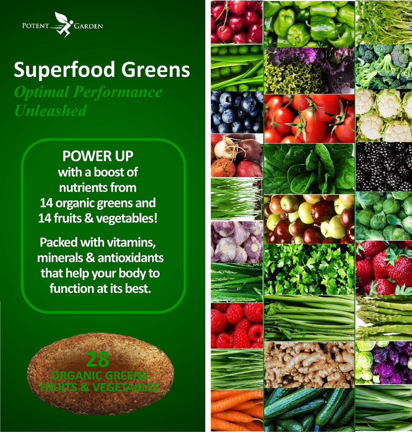 Potent Garden Organic Superfood Greens, Fruit and Veggies Supplement Rich in Vitamins & Antioxidants with Alfalfa, Beet Root & Tart Cherry to Boost Energy, Immunity & Gut Health, Greens Tablets 60 Ct Potent GardenBuy Supplements Australia