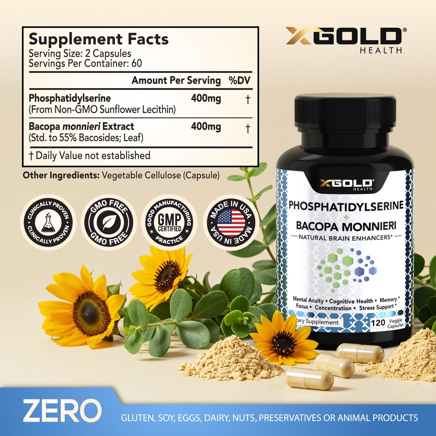 PhosphatidylSerine & Bacopa Monnieri 800 mg 2 in 1 Supplement - Natural Brain Enhancer/Nootropic for Enhanced Focus and Concentration, Memory Support, & Cognitive Function - 120 Vegetarian Capsules X Gold HealthBuy Supplements Australia