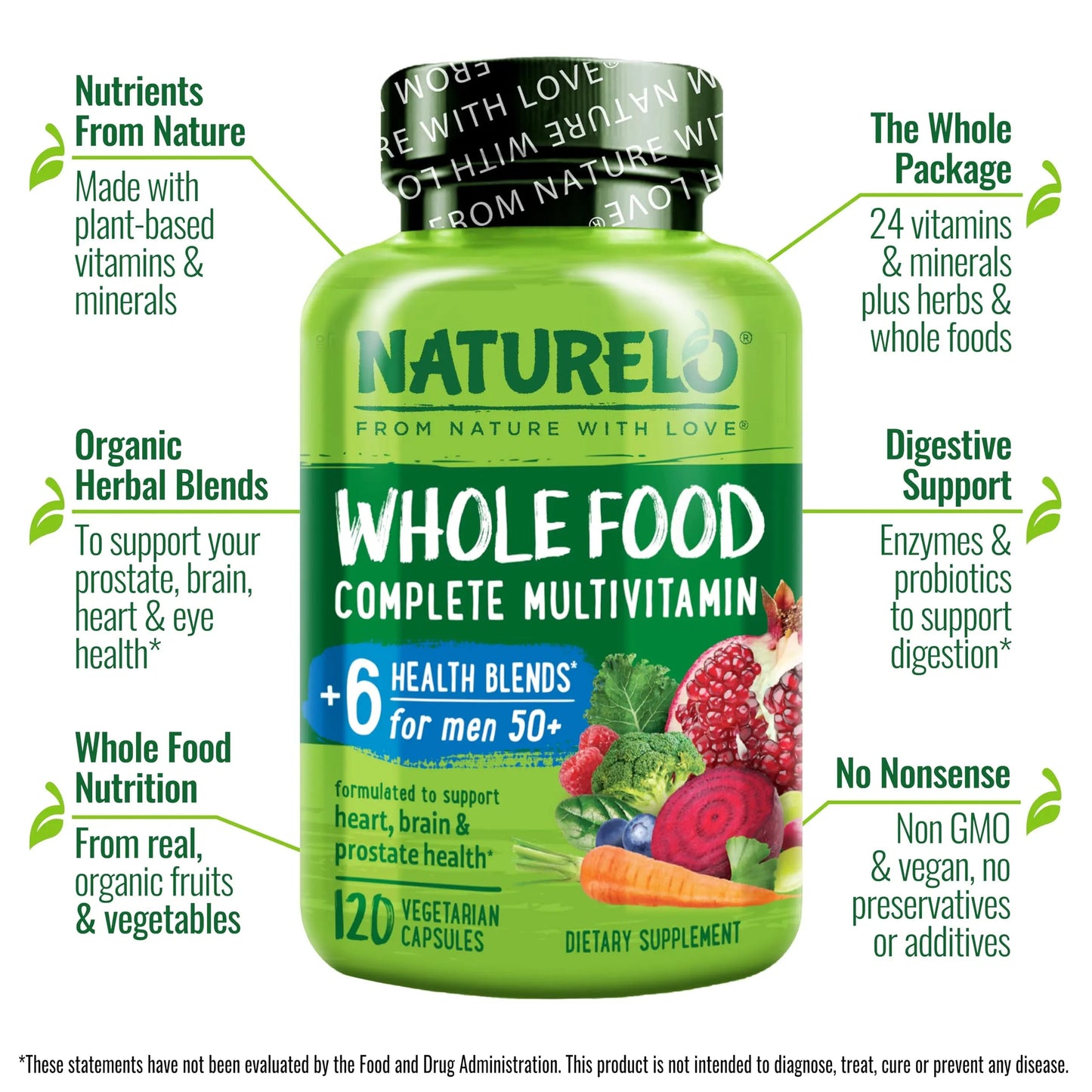 NATURELO Whole Food Multivitamin for Men 50+ - with Vitamins, Minerals, Organic Herbal Extracts - Vegan Vegetarian NATURELOBuy Supplements Australia
