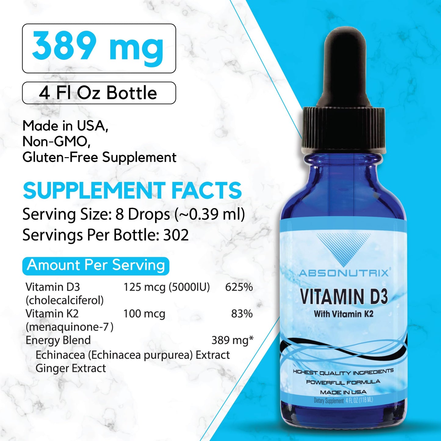 Absonutrix Vitamin D3 K2 Drops, 390mg, 4 Oz Liquid, 302 Servings, Made in USA, Quick Absorption, Quality Potent Ingredients, Non-GMO, GMP Certified, Cruelty-Free Products, Bone Strength Supplements AbsonutrixBuy Supplements Australia