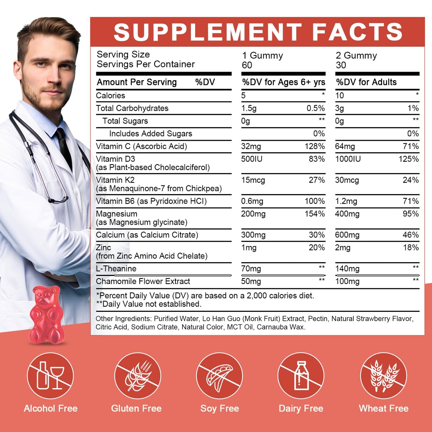 Magnesium Glycinate Gummies for Kids & Adults - Relaxation & Cognition Support - 400/200mg Magnesium Supplement with L-Theanine, Chamomile, B6, D3 & K2