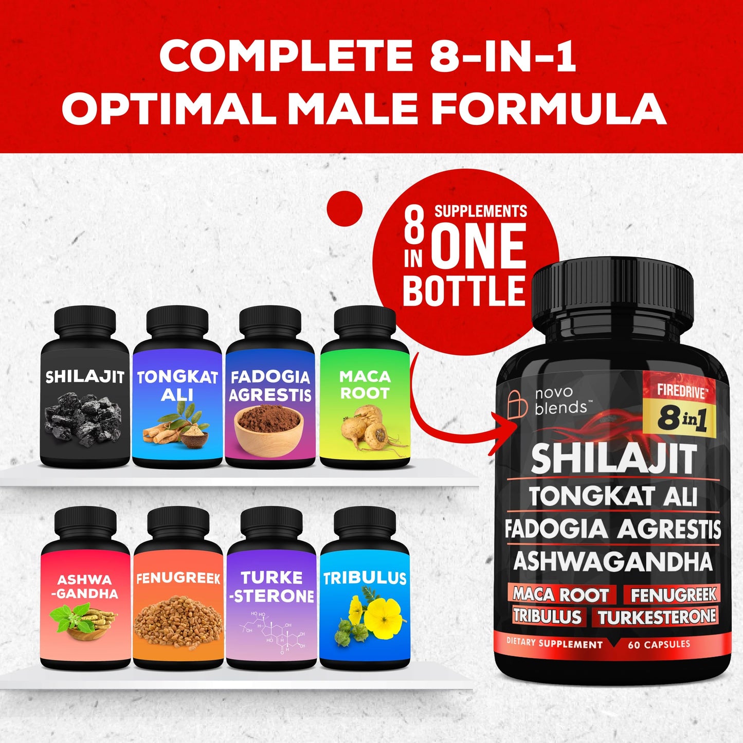 Shilajit 3000mg Tongkat Ali 15,000mg Fadogia Agrestis 1000mg Maca Root 2000mg Ashwagandha 4000mg Fenugreek 1500mg Tribulus Terrestris 500mg Turkesterone 500mg, 8-in-1 Supplement Blend for Men Novo BlendsBuy Supplements Australia