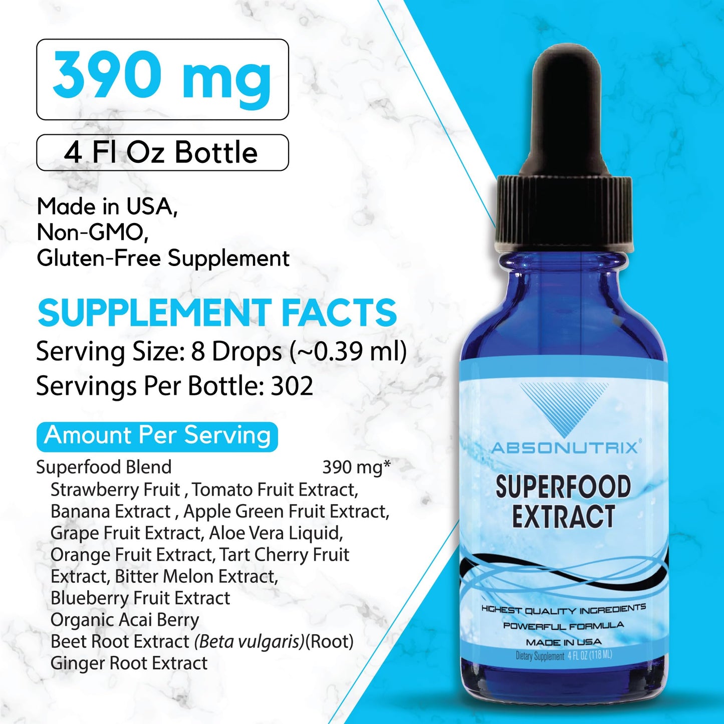 Absonutrix Superfood Extract 390 mg, 4 Oz Liquid, 302 Servings, Made in USA, Quick Absorption, Quality Potent Ingredients, Non-GMO, GMP Certified, Cruelty-Free Products - Maple Wellness Supplements